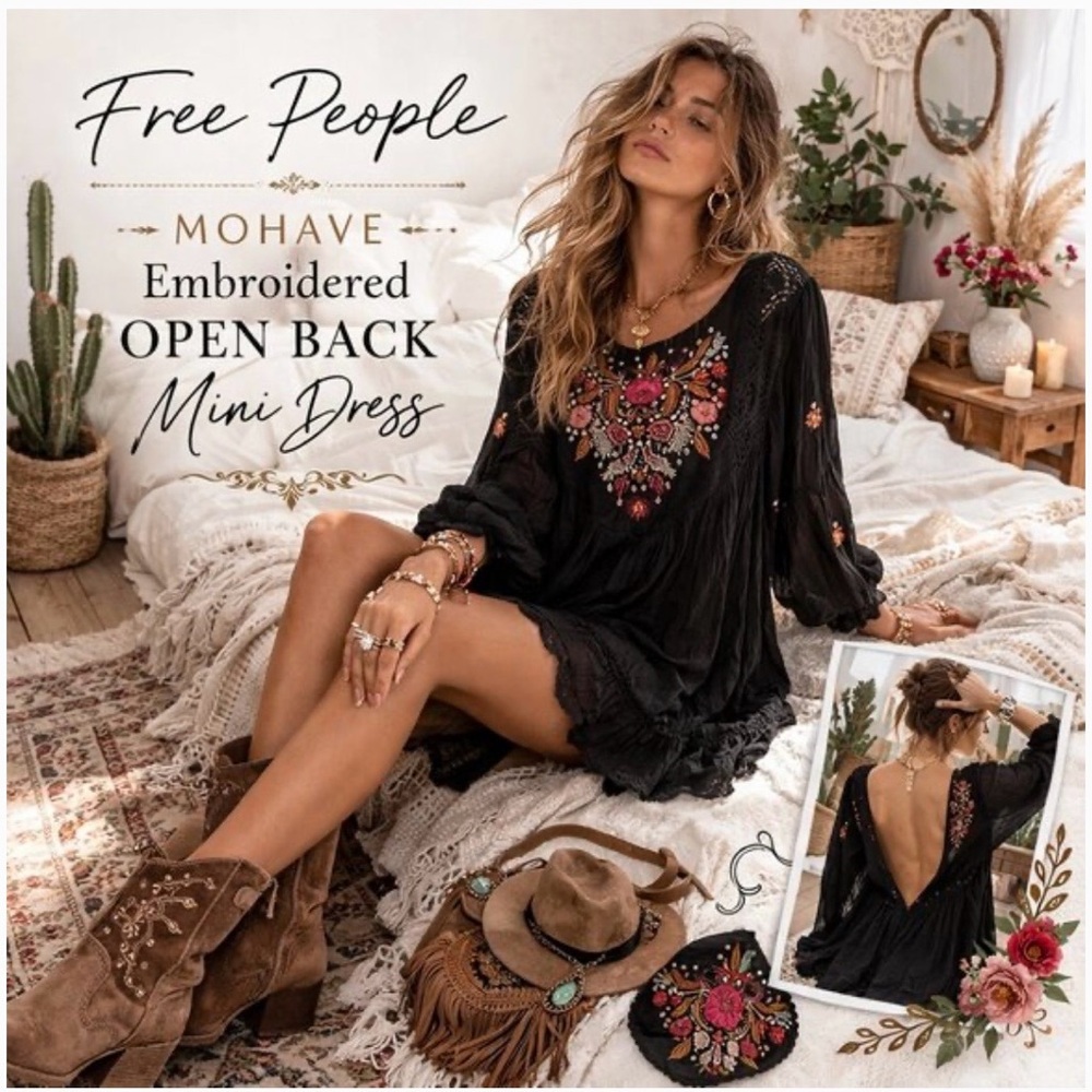 Free People Black Embroidered floral Long Sleeve mini Dress  M bohemian dress
